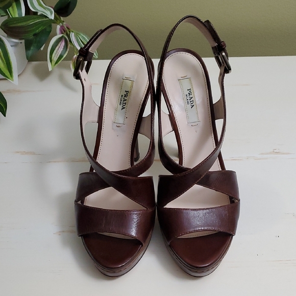 Prada | Brown Vit Shine Leather Platform Slingback Strappy Heels Sz 37 - Picture 2 of 13